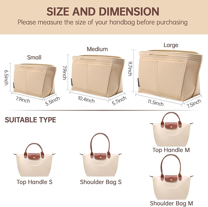 OPPOSHE Purse Organizer Insert for Longchamp Le Pliage, Premium Felt Long Champ Bag Handbag Women, Tote Organizer Insert with 9 Compartments (Large, Beige)