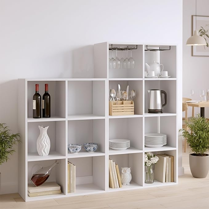 8-Cube Storage Organizer, White Bookshelf with Open Compartments for Home Office, Modern Bookcase Display Shelf for Living Room, Bedroom & Entryway