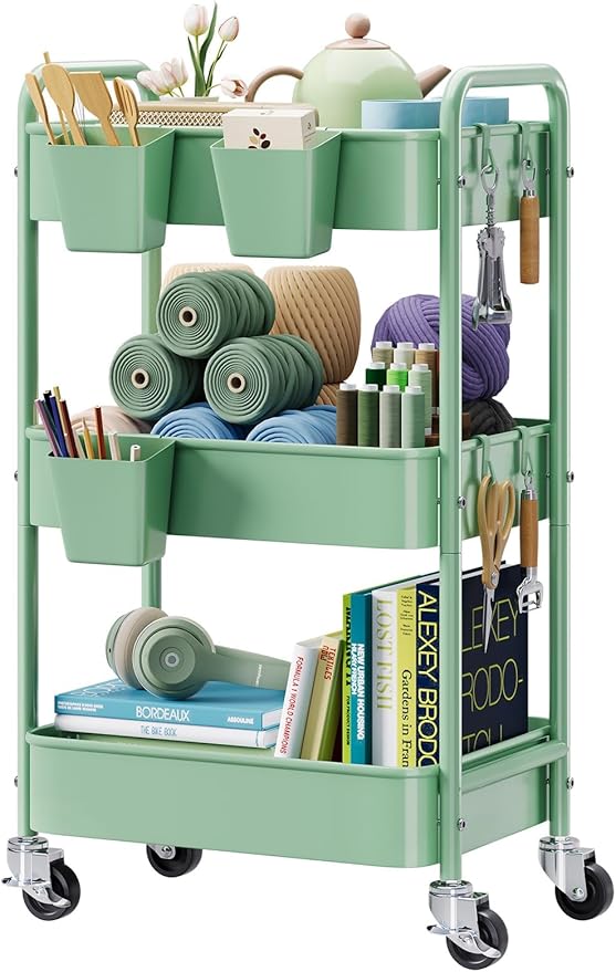 3 Tier Rolling Storage Cart Metal with Wheels, Green Baby Diaper Caddy Carts, Three Tiered Craft Cart Organizer on Wheels, Utility Roller Trolley for Art, Book, Snack, Office, Laundry, Bathroom Shelf