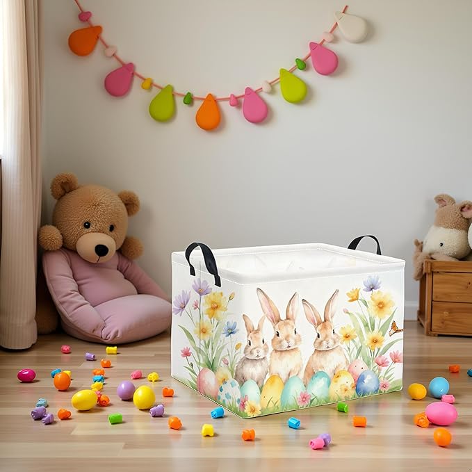 TIBAOLOVER Rectangular Easter Basket Easter Gift Basket for Kids Baby Storage Basket Cute Toy Storage Bin Organizer Shelf Book Basket Easter Room Decor(Easter Bunny)