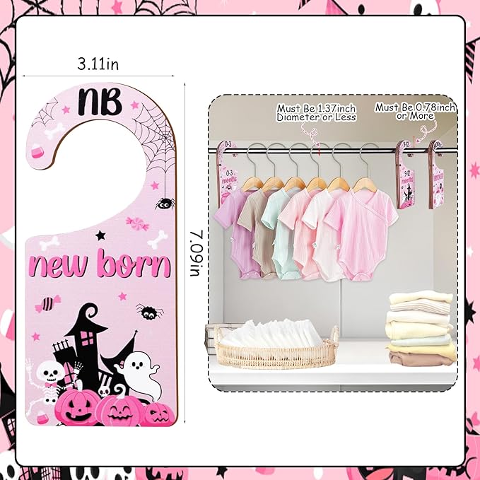 Halloween Baby Closet Dividers 8Pcs – Pink Black Wooden Double-Sided Clothes Size Hanger Organizer from Newborn to Toddler for Nursery Decor Baby Shower (Includes Gift Box)