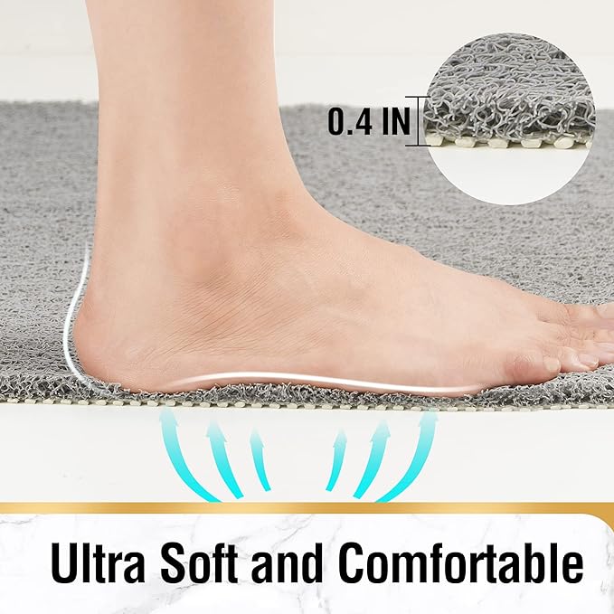 HITSLAM Non Slip Bathtub Mat 40 x 20 Inch, Extra Long Bath Mat for Tub, Soft PVC Loofah Shower Floor Mat with Drain, Quick Drying Bathroom Tub Mat for Wet Area, Without Suction Cup, Grey