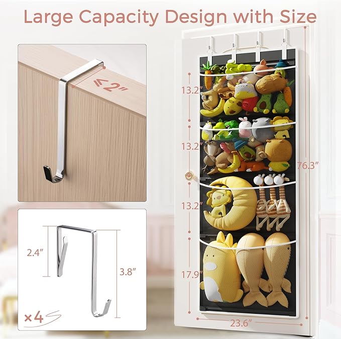 Criusia Over the Door Hanging Organizer, Extra-Large Door Storage Organizer with 4 Deep Mesh Pockets, Space-Saving Hanging Storage for Bedroom & Home Organization, Black