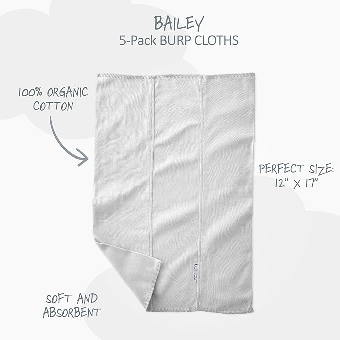 Butterblu Bailey 5-Pack Burp Cloths 100% Organic Cotton Knit for Newborn & Baby Boys & Girls, Stone, One Size