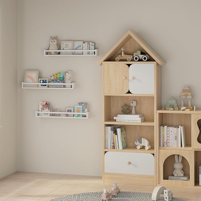 Heimlove Nursery Floating Shelves, Solid Wood Nursery Book Shelves for Wall, 32 inch Bookshelf for Kids, Wall Mounted Shelves for Books,Toys and Decor Storage, Set of 3 (White)