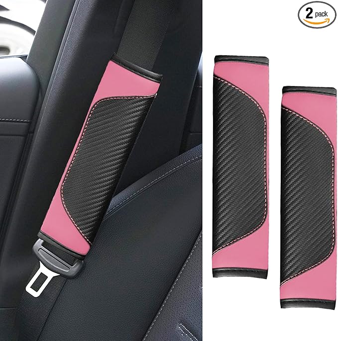 2PCS Car Seat Belt Cover Pad, Soft Carbon Fiber Leather Seatbelt Shoulder Protector for a More Comfortable Driving, Universal Safety Belt Strap Cover to Protect Your Neck (Pink)