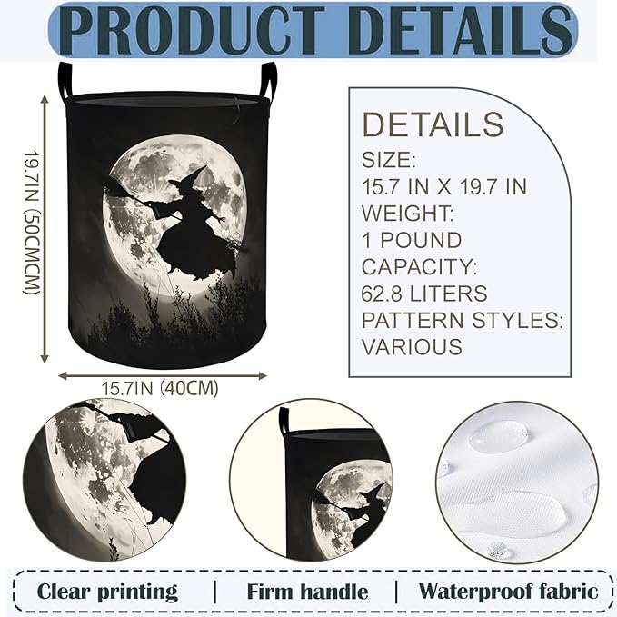 Halloween Witch Laundry Basket Hamper 19.7"x15.8", Goth Moon Foldable Waterproof Oxford Clothes Storage Bucket for Room Bathroom Bedroom Nursery Decor, Toy Organizer Bins Gifts for Kids Boys Girls