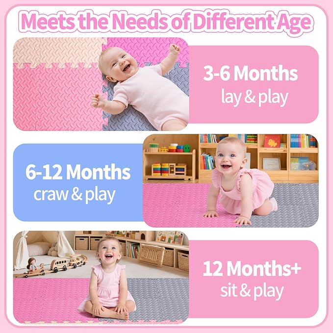 Coolcandy Baby Foam Play Mat 16Pcs with Edge Strips, 4 Colors Interlocking Floor Tiles, 0.4″ Thickened Non-Slip Puzzle Floor Mat for Infants Toddlers Playroom & Daycare