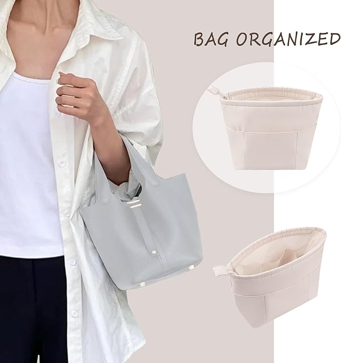 Vercord Purse Insert Organizers for Petite Tote Bag Organizer Insert Inside Handbag Shaper with Zipper Beige Mini