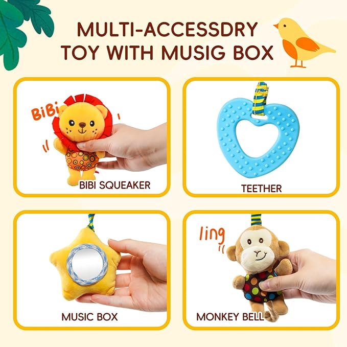 Jollybaby Crib Stroller Car Seat Toys for Baby 0-3-6-9-12 Months, Tummy Time Hanging Sensory Toys for Newborn with Music Box and Teether, Spiral Carseat Toy for Baby Boys Girls Gifts (07-Little Lion)