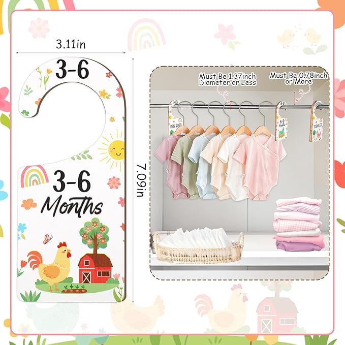 Baby Closet Dividers 8PCS, Cute Chick Themed Wooden Double-Sided Clothes Size Hanger/Organizer from Newborn to Toddler for Nursery Decor Baby Shower Birthday Gender Reveal Party Gift