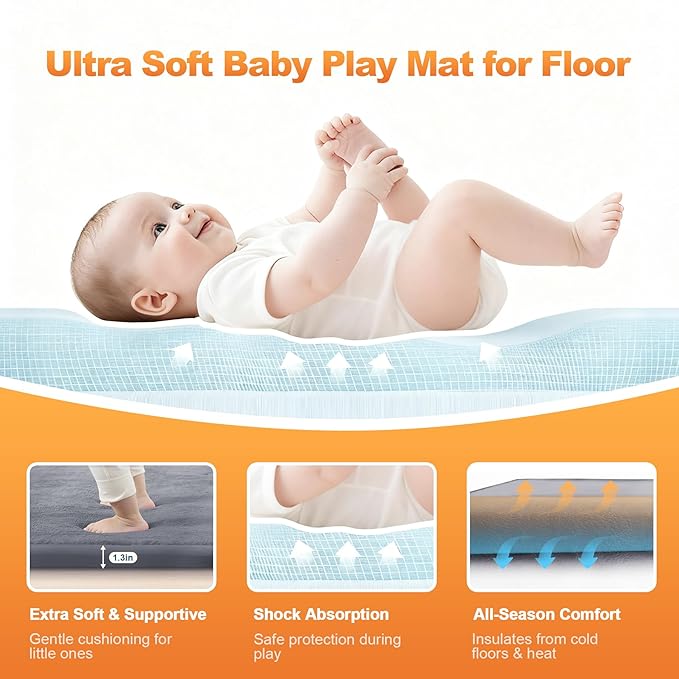 Ultra Soft Baby Play Mat for Floor, 59"×71" Playpen Mat, 1.3" Thick Memory Foam, Non-Slip Tummy Time Mat for Infants, Toddlers, and Kids – Water-Repellent Coral Velvet, Easy Care