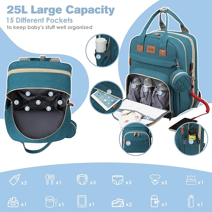 JSTPRO Diaper Bag Backpack, Large Diaper Bag with Changing Station, Baby Bag, New Mom Gifts, Lightweight Waterproof Unisex Diaper Bag with Insulated Pockets and USB Charging Port, Cyan