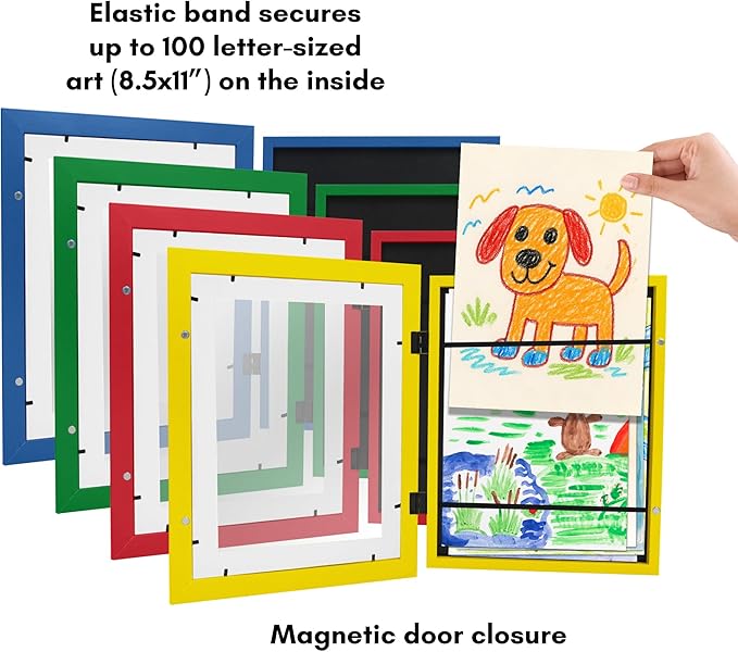 Americanflat - 4 Pack - Kids Artwork Frame Changeable (Multicolor) - Magnetic Door Holds 100 Art Pieces - 8.5x11 Letter Size Display with Mat or 10x12.5 Without Mat - My Mini Masterpiece