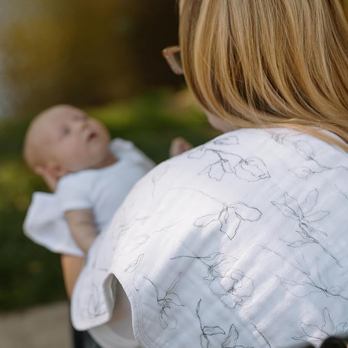 Little Unicorn 100% Natural Organic Cotton Burp Cloth 2 Pack | Ultra-Absorbent & Soft Muslin Fabric | Larger Size & Ergonomic Design (Pencil Floral + White Sage)