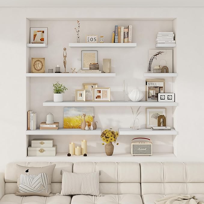 Fun Memories 12 Inch Deep Floating Shelves for Wall, 20 Inch Long Wall Mounted Storage Shelf with Invisible Brackets, 3 Pack Hanging Wood Shelf for Farmhouse, Bedroom, Kitchen, Living Room, White