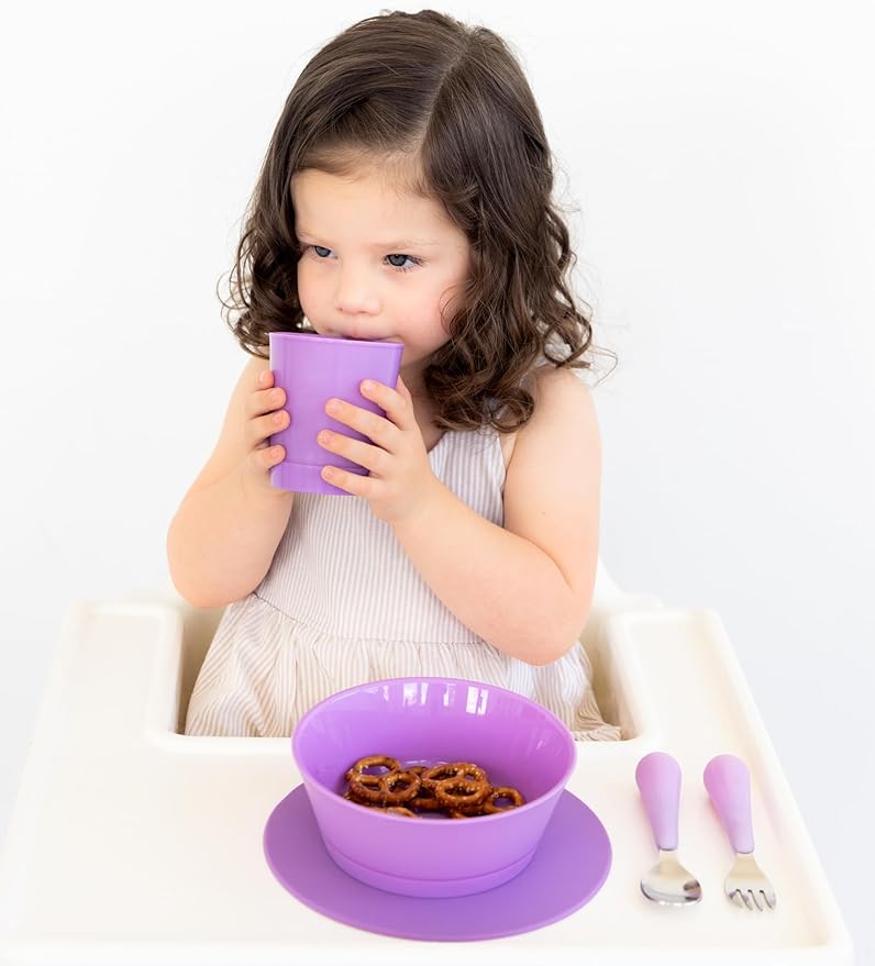 Ubbi Toddler Feeding Set, 7-Piece, Plate, Bowl, Cup + Baby & Toddler Stainless Steel Utensils, Interchangeable Suction Base, BPA-Free Dishwasher Safe, Self-Feeding for Baby-Led Weaning, Purple