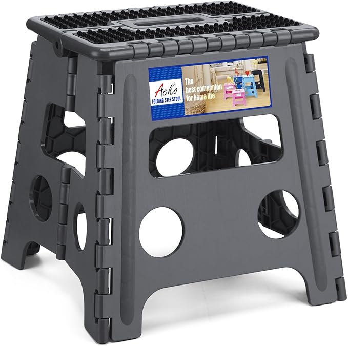 ACKO Folding Step Stool 13 inch Height Premium Heavy Duty Foldable Step Stools for Adults and Kids, Kitchen Plastic Small Collapsible Stepping Stool Hold Up to 300 LB Dot Grey (1 Pack)