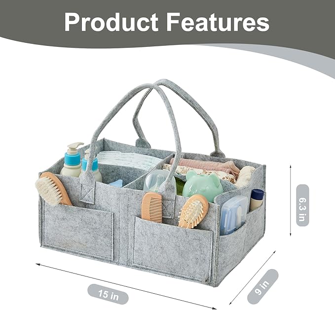 Upgraded Baby Diaper Caddy Organizer, Portable Nursery Storage Bin with Handle, Side Pockets Car Organizer for Diapers and Baby Wipes Essentials, Registry Gift Baskets (1Pcs-Large-Grey)