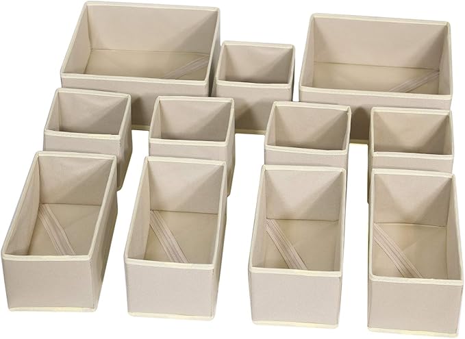 DIOMMELL 11 Pack Foldable Cloth Storage Box Closet Dresser Drawer Organizer Fabric Baskets Bins Containers Divider for Clothes Underwear Bras Socks Lingerie Clothing,Beige 245