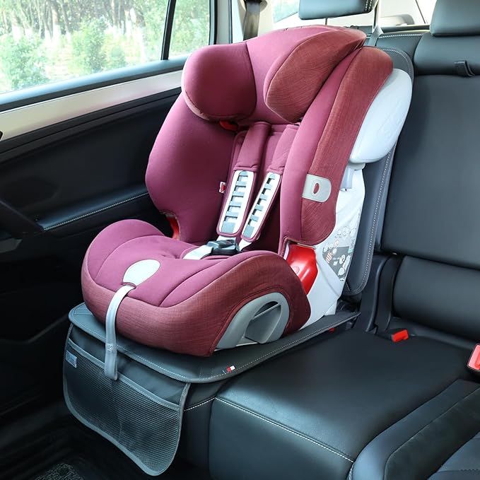 Viaviat Car Seat Protector Leather Waterproof Child Safety Seat Protector Cover with Thick Pad and 2 Large Pockets Durable Kick Mat for All Auto Seat (Deep Gray)