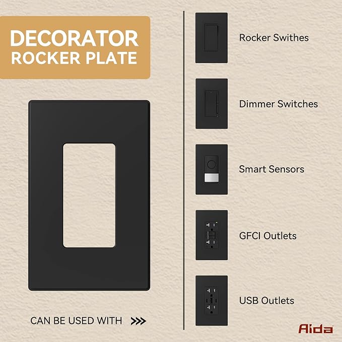 AIDA 1-Gang Screwless Decorative Wall Plates, Mid-Size Unbreakable Thermoplastic Faceplate Cover for Decorator Receptacle Outlet Switch, UL Listed (4 Pack, Matte Black)