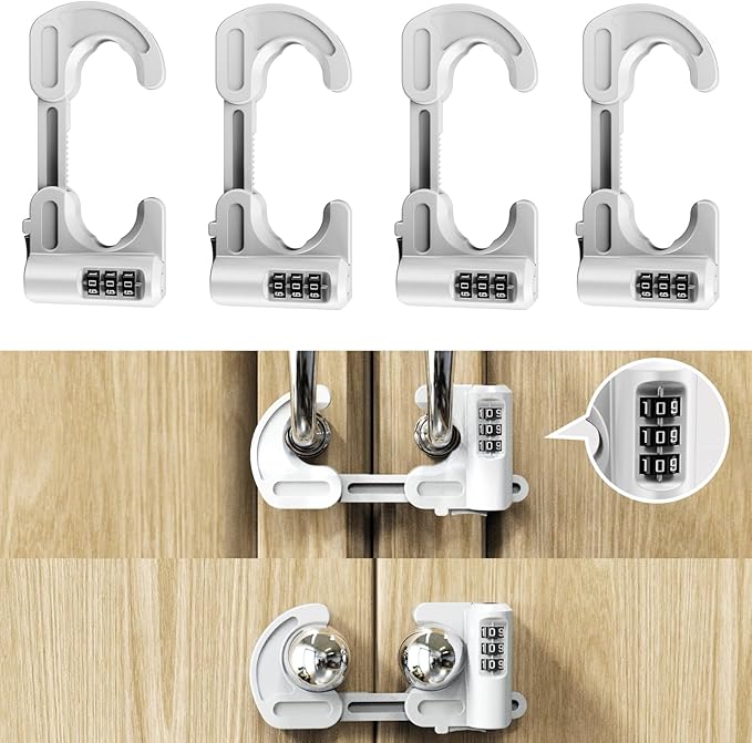 4 Pack Child Proof Cabinet Door Locks Baby Safety Combination Adjustable Cupboard Locks Passwords Child Proofing Latches for Knob Handle Drawers Closet (White)