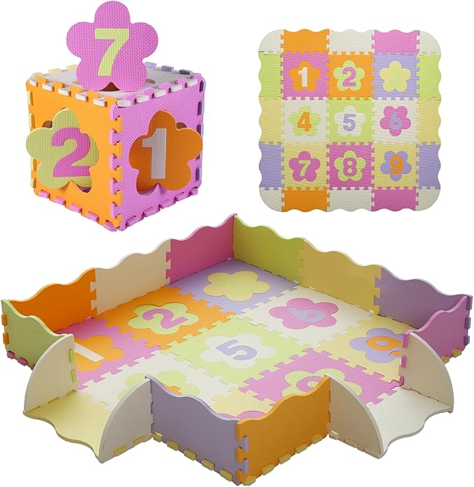 Tamiplay Foam Play Mat for Kids，25Pcs Square Interlocking Puzzle Floor Mat，Baby Play Mat Floor Mat Foam Puzzle Playmat for Toddlers with Fence（Number-CSH011