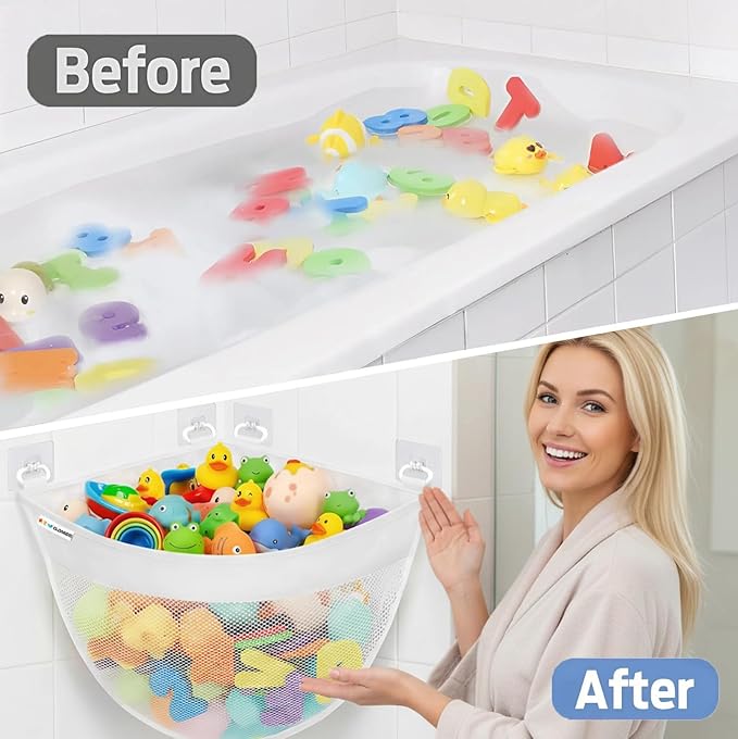 Bath Toy Holder Corner, Kids Bath Toy Net for Tub, Bathtub Holder Basket, Storage Bin Hammock Organizer, Shower Caddy Hanging Mesh Bag, Baby Bathroom Storage with 6 Adhesive Wall Hooks