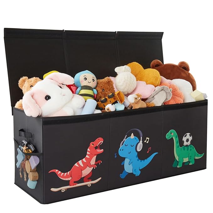 Uniency Extra Large Toy Box,150L Sturdy Dinosaur Collapsible Storage with Lid,40"x14"x16" Kids Storage Organizer,Chest Bin Baskets for Boys Girls,for Nursery,Bedroom,Playroom,Living Room,Toybox(Black)
