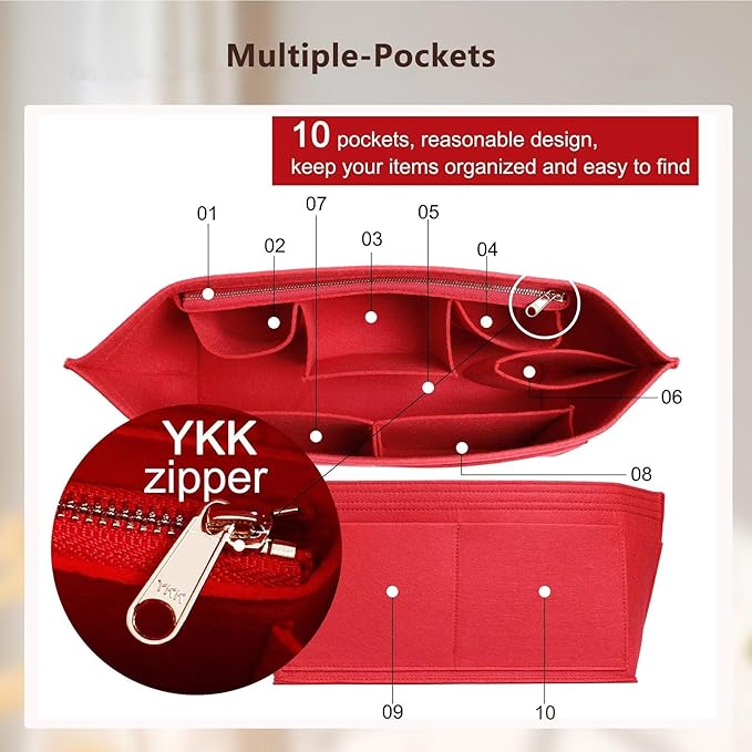 Purse Organizer Insert, Felt Zipper Bag Organizer with Base Shaper, Handbag Tote Dividers for Inside Purse Accessories, Compatible with Neverfull PM and More,Red/M