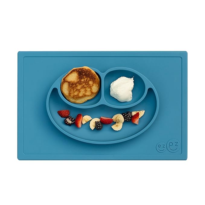 ezpz Happy Mat (Blue) - 24 Months+ - 100% Silicone Suction Placemat + Divided Plate with Three Compartments - Toddler + Preschool Essentials