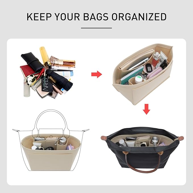 Felt Purse Organizer Insert Compatible with Longchamp Le Pliage S Hangbag, Zipper Long Champ Small Handbag Organizer with Cup Holder, 7 Compartments Bag Insert(Beige,S)