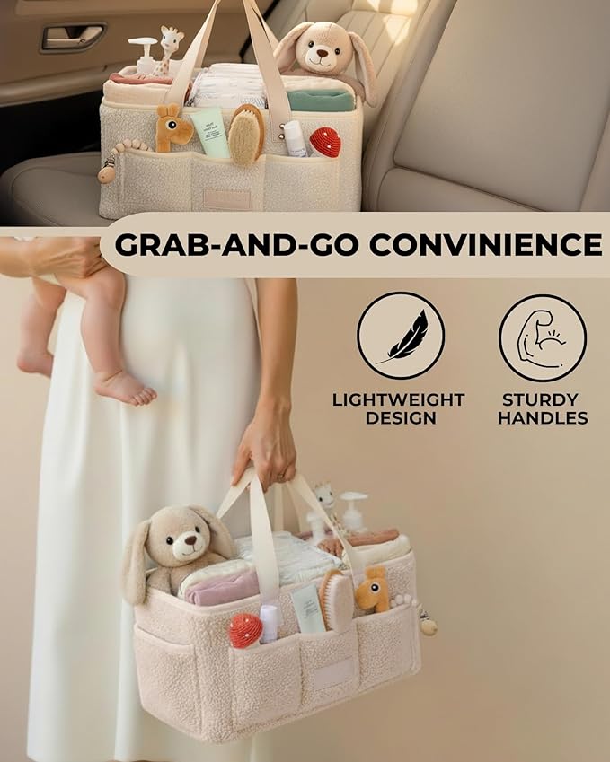 Toodly Baby Diaper Caddy Organizer with Portable Changing Mat - Teddy Fleece Diaper Organizer for Changing Table - Basket for Changing Essentials - Baby Essentials Organizer with Removable Dividers