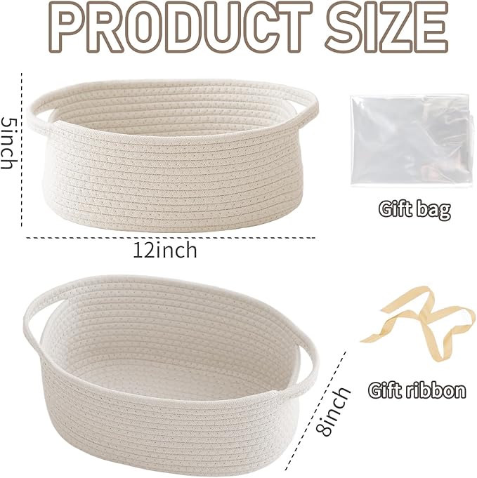 JMvicyroam Woven Basket,Small Rope Storage Bin with Handles & Ribbon Bag, Organizer for Shelves Closets,Gift Basket Empty for Birthday,Books,Dog Toys,White