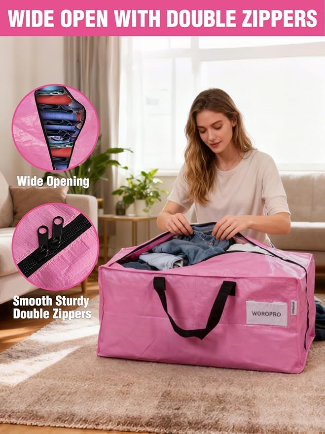 WORKPRO 2 Pack Extra Large Moving Bags with Zippers & Carrying Handles Backpack Straps, Heavy-Duty Storage Tote for Space Saving Moving Storage (Pink)