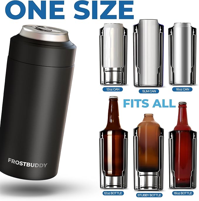 Frost Buddy Universal Can Cooler - Fits all - Stainless Steel Can Cooler for 12 oz & 16 oz Regular or Slim Cans & Bottles - Stainless Steel (Cowabunga)