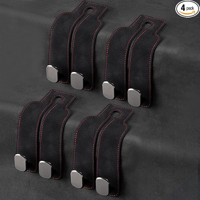 4 Pack Car Seat Back Storage Hooks - Premium Leather Seat Holder for Headrest Purses and Bags (Black)
