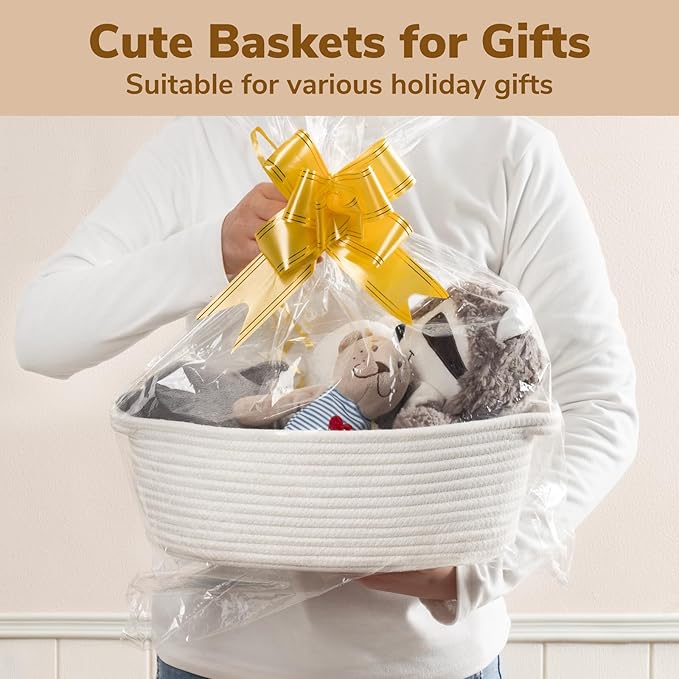 Goodpick White Baby Laundry Basket with Handles, Cute Cotton Rope Baskets for Toys, Small Basket for Organizing Gifts,Snacks,Woven Storage Baskets for Bathroom, 12"x 8" x 5"