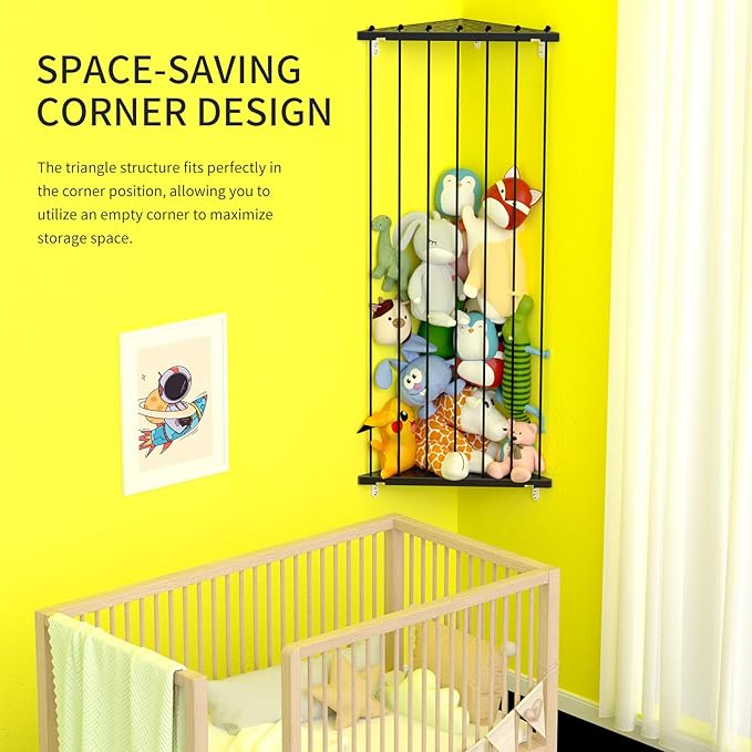 Stuffed Animal Storage Shelf Organizer(Patented) - Corner Stuffed Animal Holder Length Adjustable - Wall Plush Storage for Nursery Playroom Bedroom Kids Room (Black+Light, Standard)