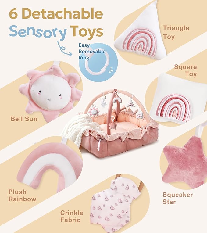 Mallify 5-in-1 Plush Baby Play Gym, Baby Play Mat, Convertible Baby Gym with Blanket and 6 Toys, Tummy time mat, Baby Activity Center from Newborn to Toddler, Baby Gym, Baby Newborn Essentials, Pink