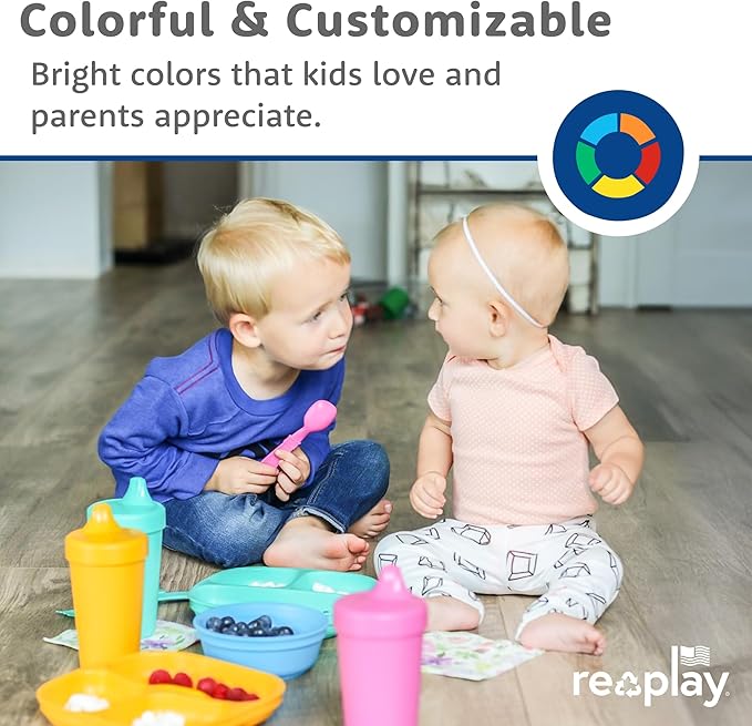 Re-Play Toddler Plates with Dividers - Deep-Walled 3 Compartments Divided Plates for Kids with 1 Lid - Dishwasher & Microwave Safe - Made in USA - Set of 3, Cool Blues