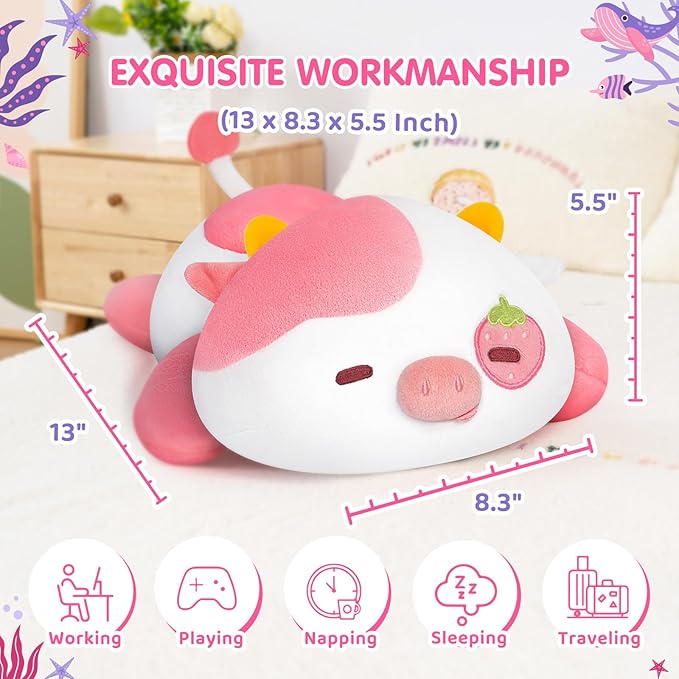 Mewaii Cute Strawberry Cow Plush Pillow, Kawaii Plushies Strawberry Cow Stuffed Animals, Squishy Plushies, Cuddle Plush Pillow for Kids & Girls (13 Inch)