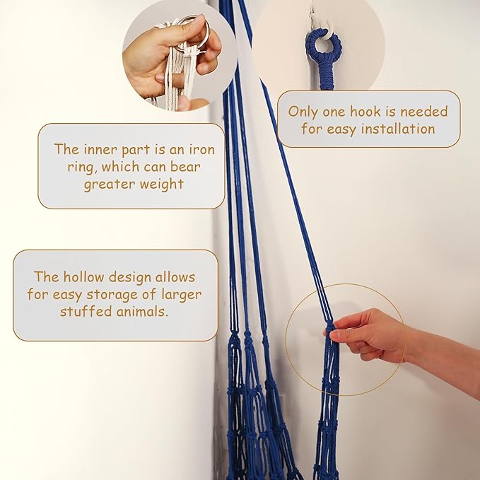 Stuffed Animal Storage Hammock Corner Hanging Net Stuffy Animal Hammock Macrame Toy Display Plush Toy Holder for Kid Bedroom Decor Boho Nursery Playroom Organizer (Blue)