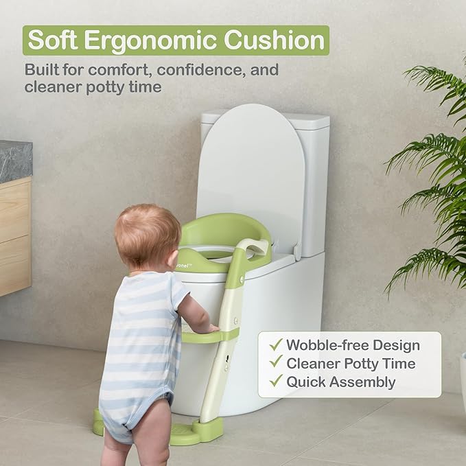 Toddler Potty Training Seat with Ladder and Step Stool | Helps Kids Climb and Sit on Their Own | Soft Cushion, Non-Slip Base, Splash Guard | Includes Potty Training Guide Book & Sticker