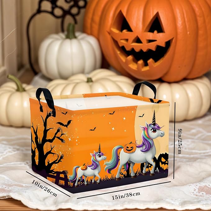 ASKETAM Halloween Basket Gift Cute Pumpkin Ghost Parties Decor Kid Trick or Treat Basket for Boys and Girls Rectangular Storage Bin Box (Unicorn Bat)