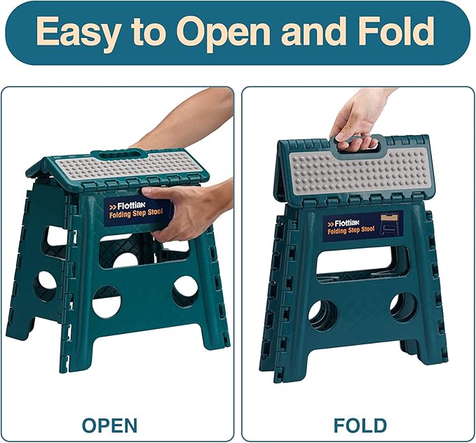 Flottian 13" Folding Step Stool for Adults and Kids Holds Up to 300 lbs,Non-Slip Folding Stools with Handle, Compact Plastic Foldable Step Stool for Bathroom,Bedroom, Kitchen Turquoise Green,1PC