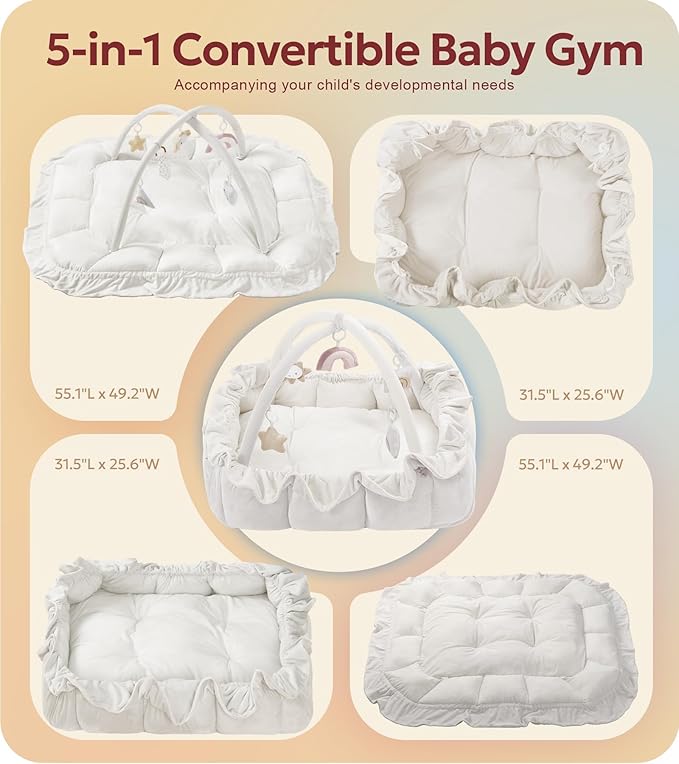 Mallify 5-in-1 Plush Baby Play Gym, Baby Play Mat, Convertible Baby Gym with Blanket and 6 Toys, Tummy time mat, Baby Activity Center from Newborn to Toddler,Baby Gym,Ball Pit,Newborn Essentials,White