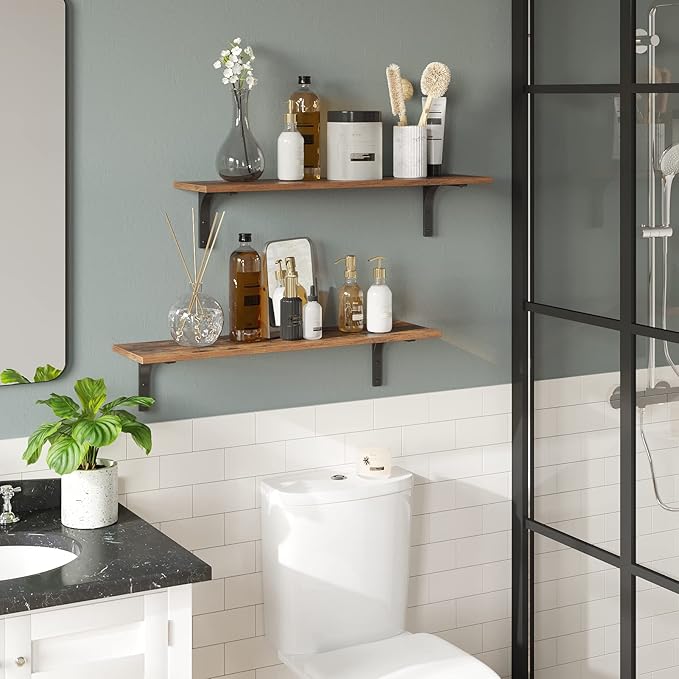 DINZI LVJ Long Wall Shelves, 31.5 Inch Wall Mounted Shelves Set of 2, Easy-to-Install, Wall Storage Ledges with Sturdy Metal Brackets for Living Room, Bathroom, Bedroom, Kitchen, Rustic Brown | Easy-to-Install, Wall Storage Ledges, Living Room, Bathroo...