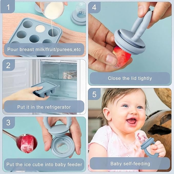 Baby Fruit Food Feeder Breastmilk Popsicle Molds, Silicone Food Freezer Tray for Cooling Teething Relief, Baby Food Feeder for Safe Infant Self Feeding, Includes 3 Extra Food Pacifier